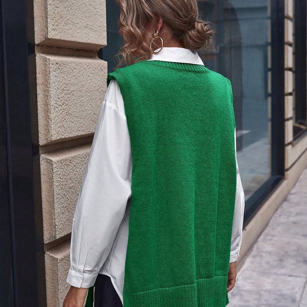 Casual Womens Split Side Sweater Vest Green - Picture 3 of 5